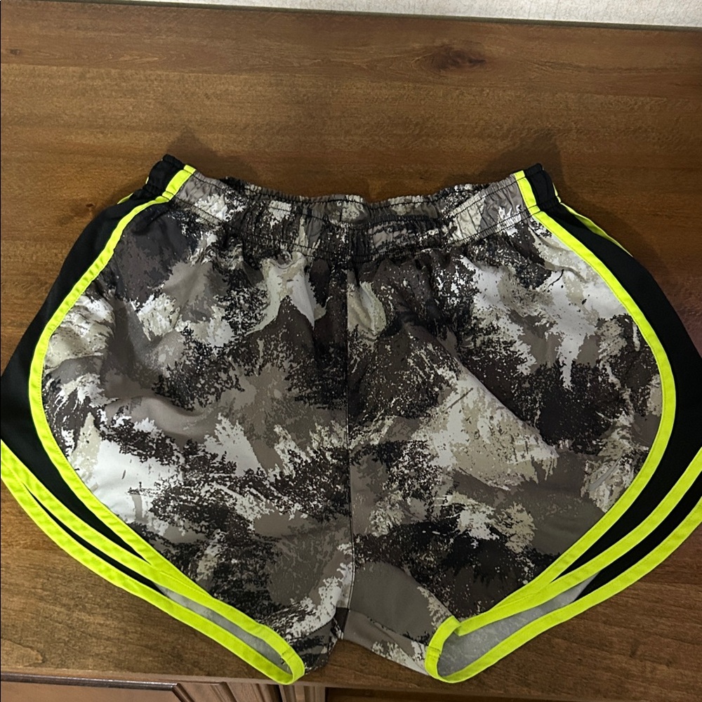 Nike Women's Black and Gray Athletic Shorts with Neon Accents